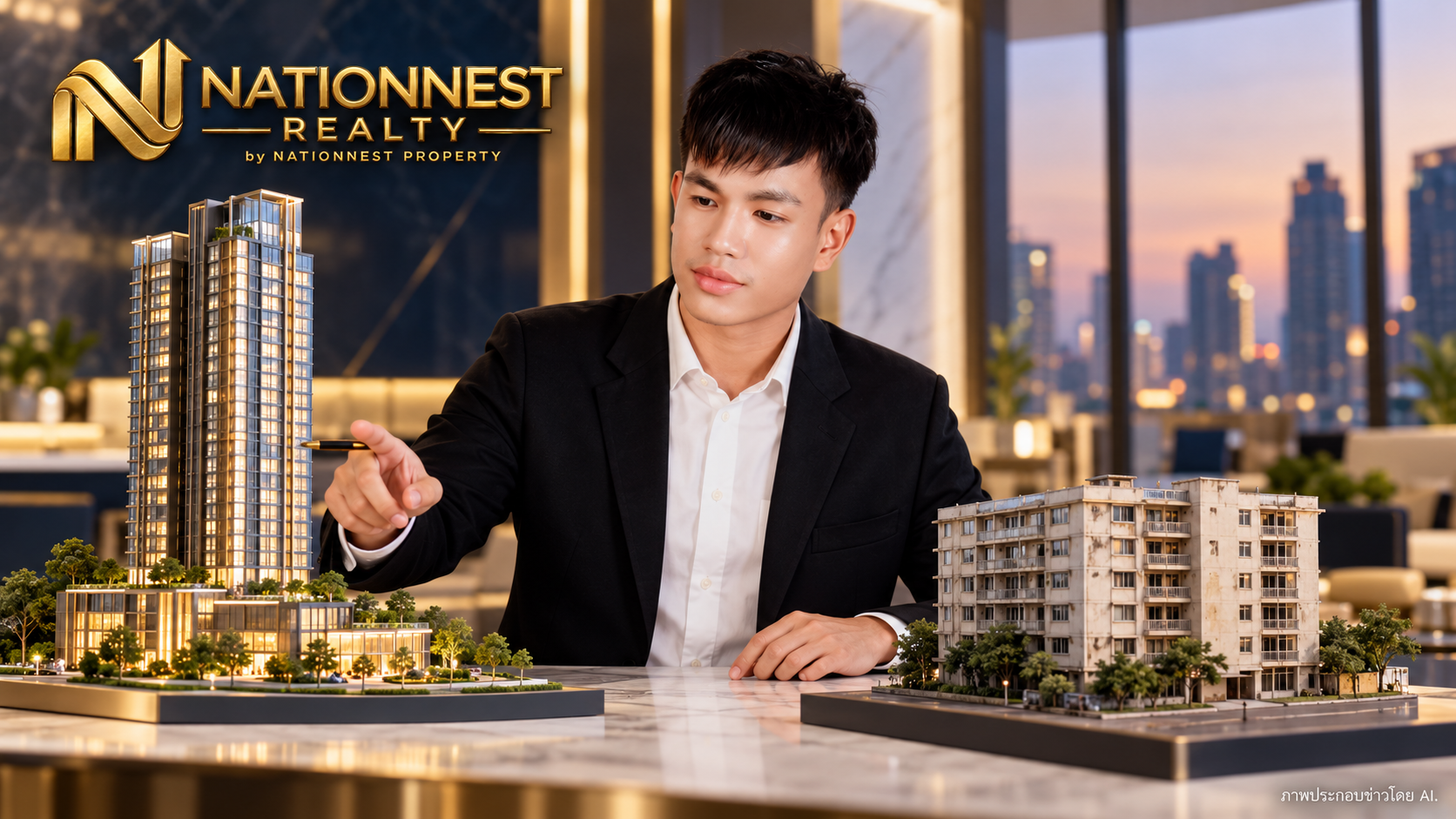 พีทเปรียบเทียบแบบจำลองคอนโดใหม่กับข้อมูลห้องขายต่อในสตูดิโอ เป็นภาพประกอบข่าว